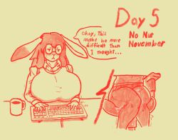 anthro big_breasts blush breasts celia_(lurker-bot) chair clothing cup dialogue female glasses huge_breasts in_heat keyboard limited_palette lurker-bot no_nut_november pants rabbit shirt simple_background wide_hips working