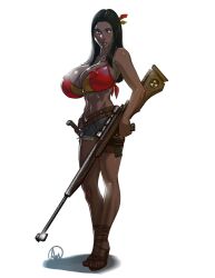 1girls abs absurd_res belt breasts cleavage dark-skinned_female dark_skin duke_nukem_(series) female female_only firearm footwear full_body ganassa handgun highres huge_breasts human muscular muscular_female native_american nipple_bulge rifle short_shorts sniper_rifle solo weapon