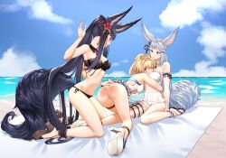 3girls absurdres animal_ears beach bikini black_bikini blonde_hair breasts cloud day djeeta_(granblue_fantasy) erune female fox_ears fox_girl fox_tail granblue_fantasy highres kneeling light_skin multiple_girls navel sandals see-through sky societte_(granblue_fantasy) soruna_(nell) spanked spanking swimsuit tail trio yuel_(granblue_fantasy) yuri