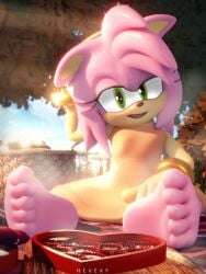 3:4 3d_(artwork) absurd_res adorable amy_rose anthro barefoot blender_(software) bottomwear bracelet candy chocolate clothed clothing cute cute_face dessert digital_media_(artwork) embarrassed eulipotyphlan feet female female_only first_person_view floppy_ears food foot_focus green_eyes hair hedgehog hevexy hi_res humanoid_feet jewelry looking_at_viewer mammal open_mouth outside picnic pink_hair plant sega sitting skirt soles solo solo_female sonic_(series) sonic_the_hedgehog_(series) surprise toes tree