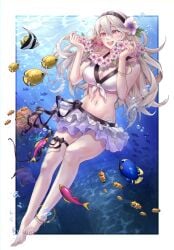 1girls :d absurdres alternate_costume bangs bare_shoulders barefoot bikini bikini_skirt bracelet breasts bubble cleavage corrin_(fire_emblem) corrin_(fire_emblem)_(female) corrin_(summer)_(fire_emblem)_(female) female female_only fire_emblem fire_emblem_fates fire_emblem_heroes fish flower flower_necklace full_body hair_between_eyes hair_flower hair_ornament hairband hartman_hips highres jewelry lei long_hair navel nintendo official_alternate_costume open_mouth red_eyes smile sobasakuhin swimsuit teeth underwater upper_teeth video_game video_game_character video_games white_bikini white_hair white_swimsuit