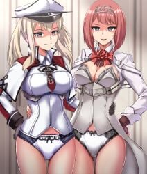 2girls absurd_res absurdres ark_royal_(kantai_collection) bangs black_gloves blonde_hair blue_eyes blunt_bangs bob_cut breasts brown_gloves celtic_knot cleavage_cutout clothing_cutout corset cross fingerless_gloves flower gloves graf_zeppelin_(kantai_collection) hair_between_eyes hat hi_res highres inverted_bob iron_cross jacket kantai_collection large_breasts long_sleeves looking_at_viewer medium_breasts military military_uniform multiple_girls panties peaked_cap purple_eyes red_flower red_hair red_ribbon red_rose ribbon rose short_hair sidelocks tiara twintails underwear uniform white_corset white_jacket white_panties zanntetu