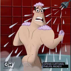 1boy ass bara big_ass_(male) cartoon_network glasses lost_media male_only muscle project_gilroy shocked_expression shower soap soap_bubbles