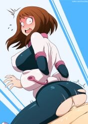 1boy 1girls ass big_ass big_breasts blush bodysuit breasts brown_eyes brown_hair female hero_outfit_(mha) looking_at_viewer looking_back male matching_hair/eyes my_hero_academia ochako_uraraka oo_sebastian_oo open_mouth penis pussy sentones shocked short_hair solo_focus straight vaginal_penetration