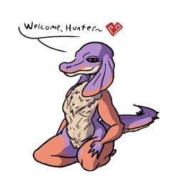 anthro bird_wyvern capcom chest_tuft colored degeneroid female frill_(anatomy) fur genitals heart jaggi monster_hunter pussy scalie simple_background slightly_chubby solo speech_bubble thick_thighs tuft video_games white_background