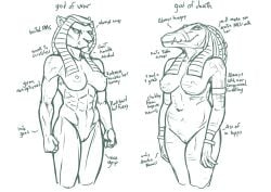 absurd_res ammit ammit_(moon_knight) anthro bandage breasts chubby_anthro chubby_female comparing crocodile crocodilian crocodylid deity duo egyptian_mythology english_text felid female genitals hi_res lion looking_at_viewer mammal marvel marvel_cinematic_universe middle_eastern_mythology monochrome moon_knight_(series) muscular muscular_anthro muscular_female mythology nipples pantherine pussy redout reptile scalie sekhmet slightly_chubby text