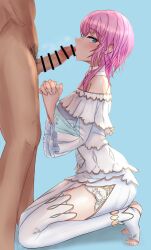 big_penis blue_eyes clothed_female_nude_male kissing_penis nijisanji penis_tip pink_hair side_view virtual_youtuber white_dress yuhi_riri yuuhi_riri