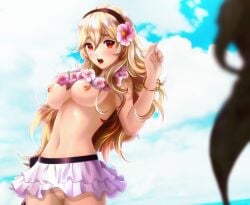 1girls alternate_costume bikini bikini_skirt blonde_hair breasts cleavage corrin_(fire_emblem) corrin_(fire_emblem)_(female) corrin_(summer)_(fire_emblem)_(female) esther-shen fire_emblem fire_emblem_fates fire_emblem_heroes flower_necklace frown long_hair medium_breasts midriff nintendo nipples official_alternate_costume pussy red_eyes solo swimsuit topless white_bikini white_swimsuit