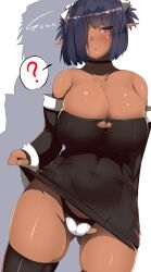 1girls ? artist_signature bare_shoulders big_breasts black_hair blush breasts cleavage clothes_lift covered_navel curvy dark-skinned_female dark_elf dark_skin dress dress_lift elf eyebrows_visible_through_hair female gluteal_fold hair_ornament hair_over_one_eye hi_res highres hourglass_figure huge_breasts looking_at_viewer open_mouth original original_character panties pointy_ears red_eyes seductive_look short_hair simple_background solo souma_(ordures) spoken_question_mark standing thighhighs underwear