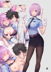 1boy 1girls absurd_res alternate_costume big_breasts blush bra bra_lift breast_grab breast_sucking breasts choker closed_eyes clothing collarbone condom eyebrows_visible_through_hair fate/grand_order fate_(series) female french_kiss fujimaru_ritsuka_(male) gloves hair_over_one_eye highres hua-j japanese_text kiss kissing looking_at_partner mash_kyrielight nipple_suck nipple_sucking open_shirt pink_hair police police_uniform policewoman purple_eyes saliva saliva_trail short_hair skirt slq sucking_nipples tie tongue tongue_out white_gloves