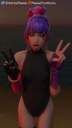 1girls 3d ahe_gao beach blender bodysuit female female_only fortnite light-skinned_female light_skin ocean outside peace_sign pink_eyes pleasethisworks purple_hair solo swimsuit tattoo tracy_trouble_(fortnite) watermark