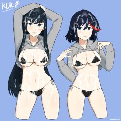 2girls bikini black_hair blue_eyes bra bukkake crop_top crop_top_hoodie cropped_hoodie cum cum_everywhere cum_in_hair cum_on_breasts cum_on_face cum_on_stomach female female_only hands_above_head hoodie kill_la_kill kiryuuin_satsuki matoi_ryuuko multiple_girls oksandio panties tagme