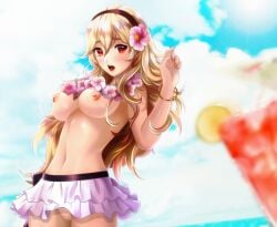 1girls alternate_costume bikini bikini_skirt blonde_hair breasts cleavage corrin_(fire_emblem) corrin_(fire_emblem)_(female) corrin_(summer)_(fire_emblem)_(female) drink esther-shen fire_emblem fire_emblem_fates fire_emblem_heroes flower_necklace frown long_hair medium_breasts midriff nintendo nipples official_alternate_costume pussy red_eyes solo swimsuit topless white_bikini white_swimsuit