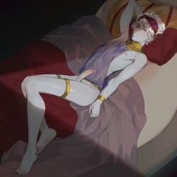 1boy bishonen erection european_mythology femboy greek_mythology hades_(game) hypnos hypnos_(hades) jewelry lavender_incubus laying_down laying_on_bed magical_ondine male_focus male_only mythology partially_clothed penis pinup_pose seductive sleep_mask smile solo source_request supergiant_games year_request