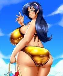 1girls beach big_ass big_breasts bikini enormous_breasts golden_bikini huge_ass huge_breasts long_hair speeds tagme waving