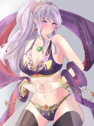 1girls absurdres alternate_costume ass_visible_through_thighs bangs bare_arms bare_shoulders bare_thighs black_legwear bracelet breasts cleavage commentary_request cowboy_shot crop_top dancer earrings eyebrows_visible_through_hair female female_only fire_emblem fire_emblem:_genealogy_of_the_holy_war grey_background heart heart_hands highres ishtar_(fire_emblem) jewelry large_breasts long_hair looking_at_viewer midriff navel necklace nintendo panties peli_cantaro pelicantaro ponytail purple_eyes purple_hair purple_panties shawl sidelocks smile solo sparkle stomach thighhighs thighs underwear