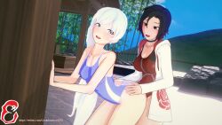 3d beach_sex blue_eyes casual clothed_sex female grandmastersfm human implied_futanari koikatsu pale_skin public red_hair ruby_rose rwby silver_eyes swimsuit weiss_schnee white_hair