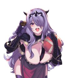 1girls alternate_costume breasts camilla_(fire_emblem) chocolate cleavage female female female_only fire_emblem fire_emblem_fates food gloves hair_over_one_eye highres holding holding_chocolate holding_food incoming_food large_breasts makeup nintendo open_mouth purple_eyes purple_hair ritence solo thighhighs tiara upper_body valentine