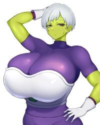 1girls armor big_breasts breasts cheelai dragon_ball dragon_ball_super female female_only green-skinned_female green_skin huge_breasts humanoid large_breasts looking_at_viewer purple_eyes purple_latex short_hair solo solo_female sweatdrop tokitamago top_heavy very_short_hair white_background white_gloves white_hair