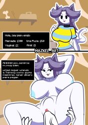 :3 absurd_res anthro before_and_after clothed clothing domestic_cat duo faceless_character faceless_male felid feline felis female genitals hands_behind_head hi_res male male/female mammal mazkel_art nude penis prostitution pussy smug spanish_text spread_legs spreading temmie_(undertale) text translation_request undertale undertale_(series) vaginal_penetration video_games