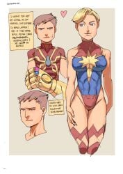 1boy 1girls blonde_hair brown_hair captain_marvel carol_danvers female infinity_gauntlet magi marvel marvel_comics peter_parker short_hair spider-man spider-man_(series) straight_hair superhero superheroine text