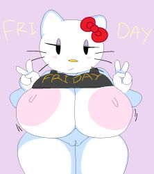 2022 anthro big_breasts bored bow double_v dream-cassette exposed_breasts exposed_pussy female friday hello_kitty hello_kitty_(character) hello_kitty_(series) hoshime kitty_white mob_face peace_sign sanrio shortstack solo tagme text_on_clothing v