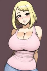 ai_generated alternate_hair_color big_breasts bimbo bimbofication blonde_hair brown_eyes college_student curvaceous curvy gyaru hypnosis my_hero_academia nai_diffusion ochako_uraraka pink_shirt school_uniform sketch smile smiling smiling_at_viewer solo solo_female solo_focus stable_diffusion tank_top tight_clothing transformation