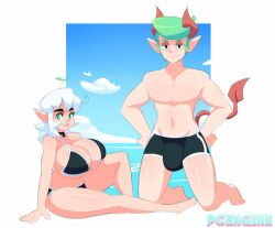 1boy 1girls beach big_ass big_breasts bikini breasts_bigger_than_head bulge bulge_through_clothing demon demon_boy demon_girl demons enormous_breasts fangs green_hair horns huge_breasts long_hair pcengine short_hair sitting swimming_trunks tagme thick_thighs white_hair