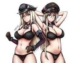 2girls anchor armpits arms_behind_head artist_name artist_signature azur_lane bismarck_(azur_lane) bismarck_(kantai_collection) black_bra black_panties black_underwear blonde_hair blue_eyes bra cleavage collarbone crossover detached_collar detached_sleeves eyebrows_visible_through_hair female female_focus female_only gloves hat kantai_collection large_breasts light-skinned_female long_hair look-alike looking_at_viewer military_hat multiple_girls panties peaked_cap sidelocks simple_background underwear very_long_hair white_background zap-nik