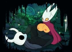 2019 2girls 3_fingers arthropod bimbo bimbofication blush breasts clitoris cloak clothing corrupted corruption duo edit edited eye_contact female female/female female_only forest glowing_breasts happy_trance hollow_knight hornet_(hollow_knight) humanoid large_breasts lying multiple_girls nipples on_back protagonist_(hollow_knight) purplealacran pussy pussy_juice sex small_breasts spread_legs spreading tree tribadism weapon yuri