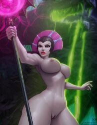 1girls absurdres areolae barretxiii biceps big_lips blurry_background breasts cowboy_shot evil-lyn eyelashes eyeliner female female_only front_view helmet highres holding_object holding_staff holding_weapon hourglass_figure human large_breasts lipstick looking_at_viewer magic magic_staff masters_of_the_universe nail_polish naked_helmet navel nipples nude pale-skinned_female pale_skin perky_breasts pink_eyes pink_nails pussy red_lipstick rim_light shaved_pussy solo sorceress staff standing thick_thighs url watermark weapon