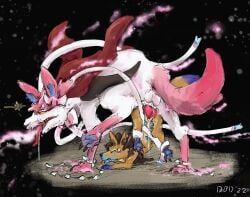 bodily_fluids canid canine cum diamondbackdrake digital_drawing_(artwork) digital_media_(artwork) duo eevee eeveelution female feral fox genital_fluids hi_res knot leaking_cum male male/female mammal nintendo pink_body pokémon_(species) pokemon pokemon_(species) pokemon_only sex size_difference sylveon video_games watermark