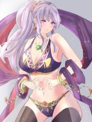 1girls absurdres alternate_costume ass_visible_through_thighs bangs bare_arms bare_shoulders bare_thighs black_legwear bracelet breasts cleavage commentary_request cowboy_shot crop_top dancer earrings eyebrows_visible_through_hair female female_only fire_emblem fire_emblem:_genealogy_of_the_holy_war grey_background heart heart_hands highres ishtar_(fire_emblem) jewelry large_breasts long_hair looking_at_viewer midriff navel necklace nintendo panties peli_cantaro pelicantaro ponytail purple_eyes purple_hair purple_panties shawl sidelocks solo sparkle stomach thighhighs thighs underwear