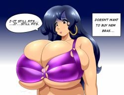 barely_contained blue_hair bra fake_smile huge_breasts massive_breasts overflowing_breasts smile speeds tagme text