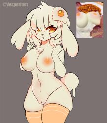 annoyed bunny_tail egg egg_girl_meme food food_creature food_humanoid furry hands_over_breasts meme reference_image thighhighs vesperinox white_body white_skin