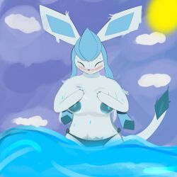 anthro blush closed_eyes clothed clothing cloud covering covering_breasts eeveelution female female/female feral glaceon hi_res miyang_draws! nintendo panties panties_only partially_submerged pokémon_(species) pokemon pokemon_(species) solo sunny topless underwear underwear_only video_games water