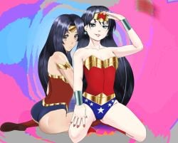 2girls black_hair blue_eyes dc_comics female female_only justice_league multiple_girls panting simple_background small_ass small_breasts smaller_female tiara wonder_loli wonder_woman wonder_woman_(series)