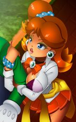 blue_eyes brown_hair chacrawarrior female_focus flower_earrings gyaru holding_arm leopard_print long_fingernails looking_at_partner luigi mario_(series) miniskirt nail_polish nintendo orange_skirt princess_daisy school_uniform side_ponytail white_shirt