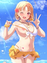 ;d bikini bikini_pull bikini_skirt blonde_hair blue_sky blush bow bracelet breasts cameltoe clothes_lift clothes_pull day earrings female flower hair_flower hair_ornament hairbow heart_pendant highres jewelry large_breasts lifted_by_self looking_at_viewer love_live! love_live!_sunshine!! mobukichi navel nipples one_breast_out one_eye_closed open_mouth outdoors red_eyes red_flower scrunchie short_hair sky smile solo standing standing_on_one_leg strap_pull sunlight swimsuit swimsuit_lift takami_chika white_bikini wrist_scrunchie yellow_bow yellow_scrunchie