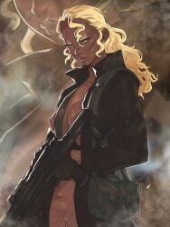 blonde_hair coat_only dark-skinned_female dark_skin fortune_(mgs2) gun metal_gear metal_gear_solid solo solo_female solo_focus sweatdrop sweaty sweaty_body tagme