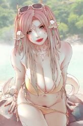 1girls au_ra big_breasts bikini bikini_pull blurry_background breasts cleavage earrings eyewear_on_head female female_only female_pubic_hair final_fantasy final_fantasy_xiv green_eyes large_breasts long_hair looking_at_viewer makeup navel pink_hair pubic_hair pubic_hair_peek raen red_lipstick red_nails sitting smile solo soranamae summer sunglasses sunglasses_on_head tail