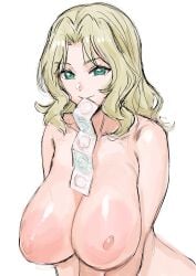 assertive_female big_breasts big_eyes blonde blonde_female blonde_hair breasts busty closed_mouth condom condom_in_mouth condom_packet_strip condom_wrapper female girls_und_panzer green_eyes heavy_breasts highres horny_female huge_breasts kay_(girls_und_panzer) kuppipi_ramutarou large_breasts long_hair looking_at_viewer massive_breasts mouth_hold nipples nude presenting_breasts simple_background solo suggestive suggestive_look white_background