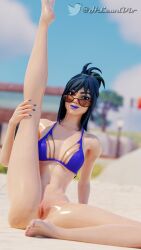 1girl 1girls 3d areolae arm_support barefoot beach belly belly_button bikini bikini_top blender blue_eyebrows blue_hair blue_lipstick blue_nail_polish blue_nails blue_toenails breasts eyebrows feet female fortnite fortnite:_battle_royale glasses hi_res highres hlewdiv hope_(fortnite) leg_up legs_apart long_hair looking_over_eyewear looking_over_glasses looking_over_sunglasses nail_polish nails no_panties no_shoes on_floor on_ground pigtail pussy sand sitting smile smirk soles sunglasses tinted_eyewear toenail_polish toenails vagina watermark