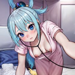 1girls ai_generated aqua_(konosuba) blue_eyes blue_hair blush breasts down_blouse female female_only hospital_bed kono_subarashii_sekai_ni_shukufuku_wo! leaning_forward looking_at_viewer medium_breasts nipples nurse pov reaching_out self_upload solo stable_diffusion stethoscope