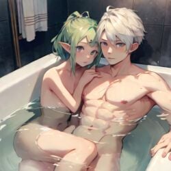 1boy 1girls abs ai_generated bathing bathroom bathtub completely_nude covered_nipples covering_crotch female fire_emblem fire_emblem_awakening green_hair male mathaus muscular_male nintendo nowi_(fire_emblem) pointy_ears robin_(fire_emblem) robin_(fire_emblem)_(male) water white_hair