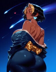 1girl 1girls ai_generated ass ass_focus back balecxi bare_back bare_shoulders black_hair blonde_hair blue_kimono blush breasts clothing curvaceous curvaceous_female curvaceous_figure curvy curvy_figure dark-skinned_female dark_skin domina earrings female female_focus from_behind huge_ass huge_breasts inviting inviting_to_sex japanese_clothes jewelry kimono large_breasts lips looking_back makeup median_furrow mole multicolored_hair night night_sky obi off_shoulder overwatch overwatch_2 presenting presenting_ass presenting_hindquarters robe sash seductive seductive_look seductive_smile shooting_star short_hair shoulder_blades sideboob sky smile solo star_(sky) starry_sky streaked_hair thick_thighs thighs traditional_clothes two-tone_hair vaira_singhania very_dark_skin voluptuous voluptuous_female wafuku