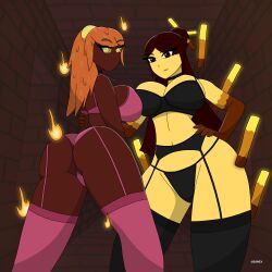 2girls azurexarts bedroom_eyes bikini blaze blaze_(minecraft) bra brown_eyes brown_hair female female_only lingerie magma_cube minecraft nether nude orange_eyes orange_hair panties red_body stockings tagme thick_thighs thighhighs yellow_body