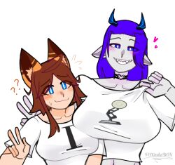 2girls big_breasts blue_eyes blush brown_hair choker confused f0xindab0x female female_only fox fox_ears fox_girl fox_tail happy heart i_(pixar) luxo_jr. matching_hair_and_eyes matching_outfit medium_breasts meme meme_attire pixar pulling_clothing purple_hair smug valerine white_skin