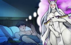 1boy 1girls balls bed bedroom big_breasts blush boruto:_naruto_next_generations byakugan closed_eyes clothed clothed_female clothing erection female grey_hair hokage's_adopted_son huge_breasts huge_cock imagining kimkun0162 long_hair looking_at_viewer lying_on_bed male masturbation on_bed open_mouth otsutsuki_kaguya penis sitting sweat testicles white_body white_skin