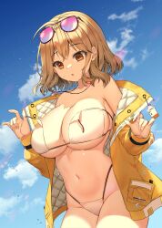 ahoge aile_(crossroads) anis_(nikke) anis_(sparkling_summer)_(nikke) aviator_sunglasses bare_shoulders bikini blush breasts brown_eyes cleavage eyepatch_bikini eyewear_on_head female goddess_of_victory:_nikke highleg highleg_bikini highres jacket large_breasts light_brown_hair long_sleeves looking_at_viewer navel open_mouth short_hair solo sunglasses swimsuit tinted_eyewear wardrobe_malfunction white_bikini yellow_jacket